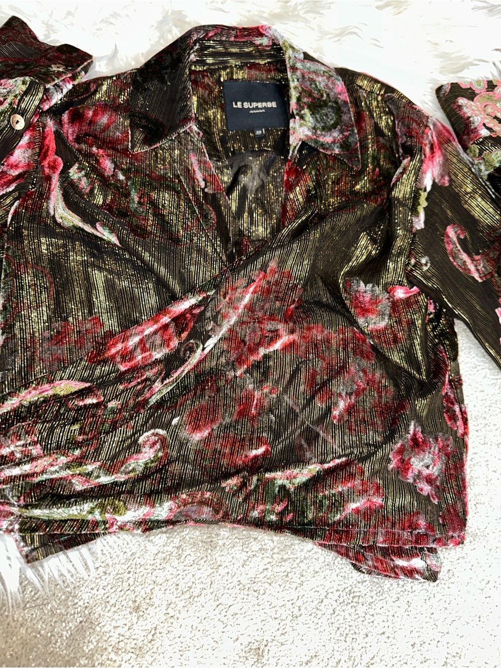 Le Superbe Velvet Floral Blouse in Olive & Pink - Picture 16 of 16